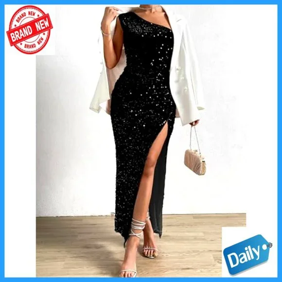 Sequin One Shoulder Bodycon Maxi Dress Elegant Formal Evening Party Gown - Picture 4 of 6